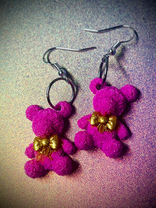 Pink rose teddy bear earrings