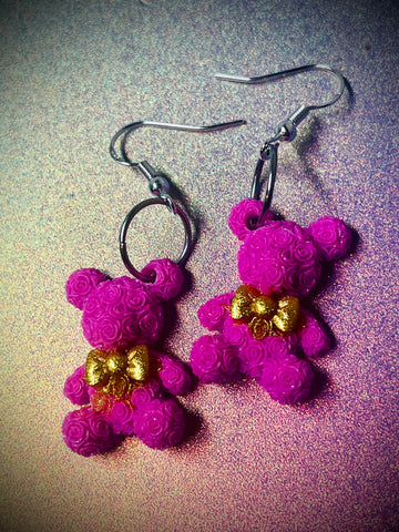 Pink rose teddy bear earrings