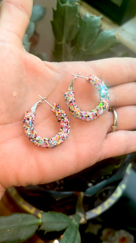 Rainbow glitter hoop earrings small
