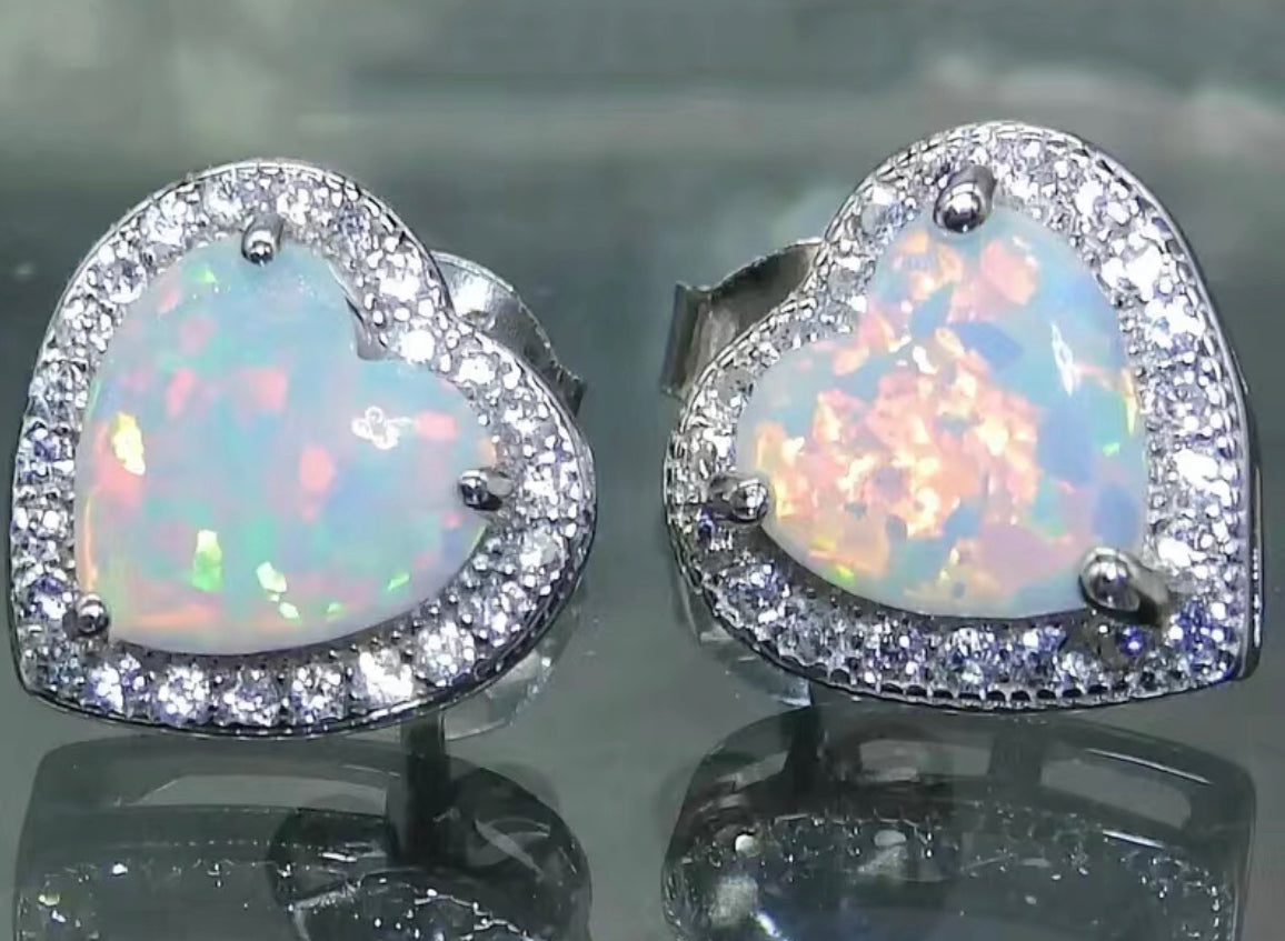 Opal heart stud earrings