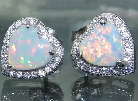 Opal heart stud earrings