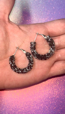 Black glitter hoop earrings small