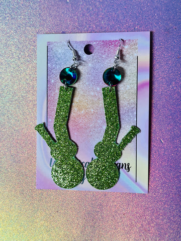 Green bong dangle earrings with crystal top bead