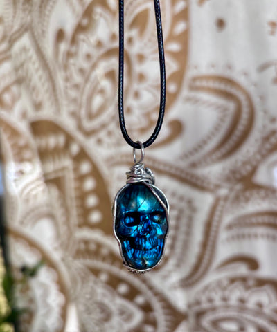 Wire wrapped Labradorite skull necklace
