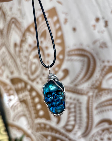 Wire wrapped Labradorite skull necklace