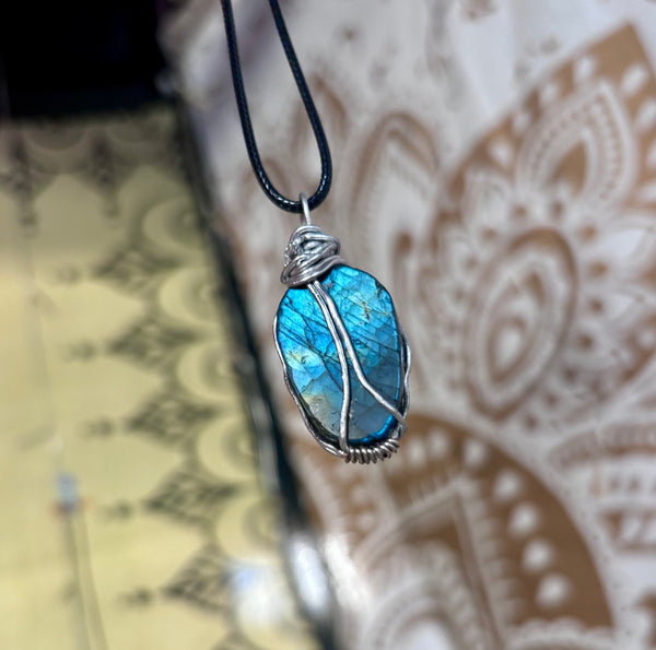 Wire wrapped Labradorite skull necklace