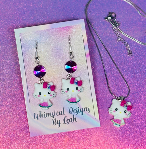 Anime kitty dangle earring and necklace set