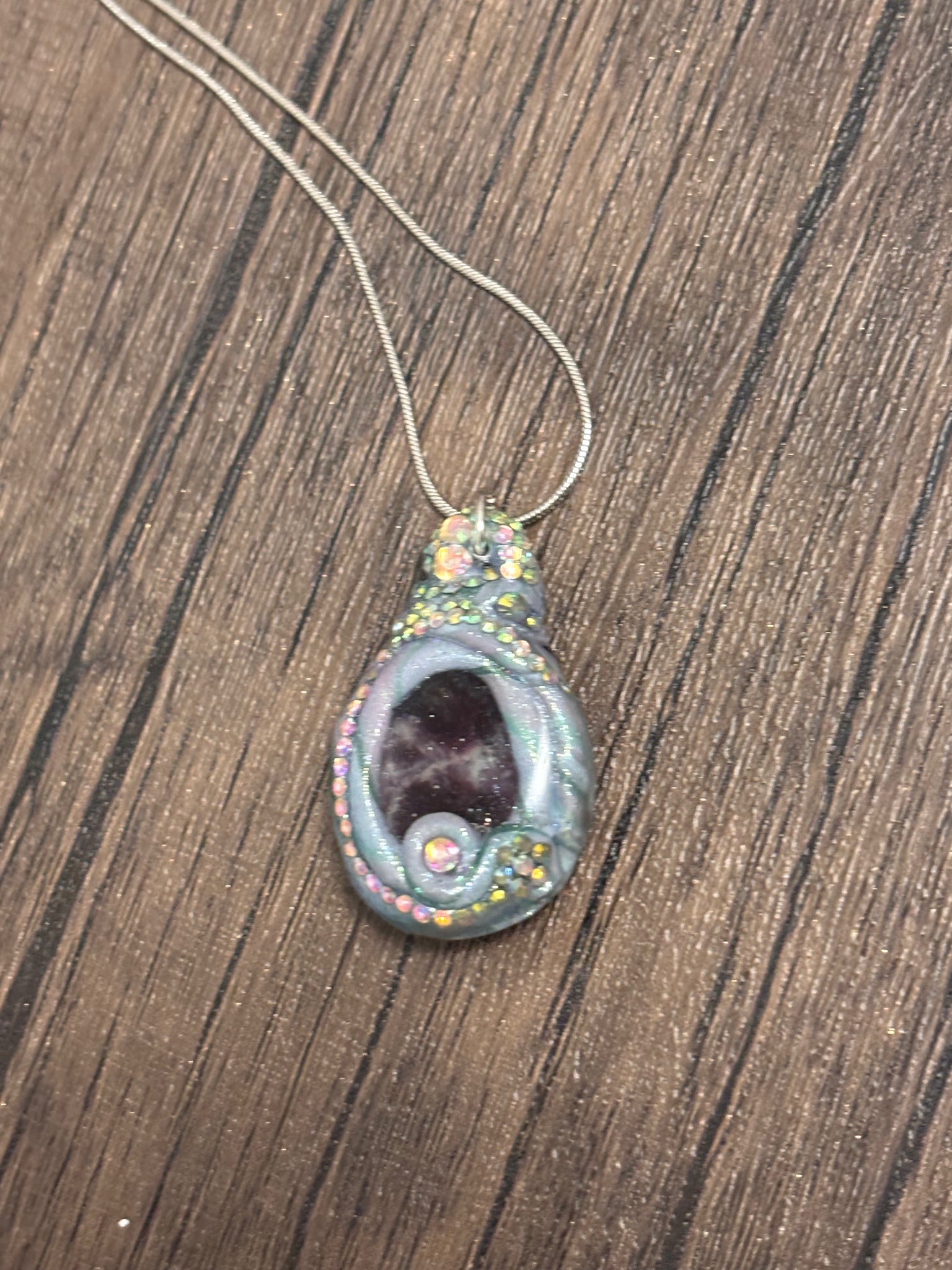 Polymer clay lepidolite crystal rhinestone pendant necklace