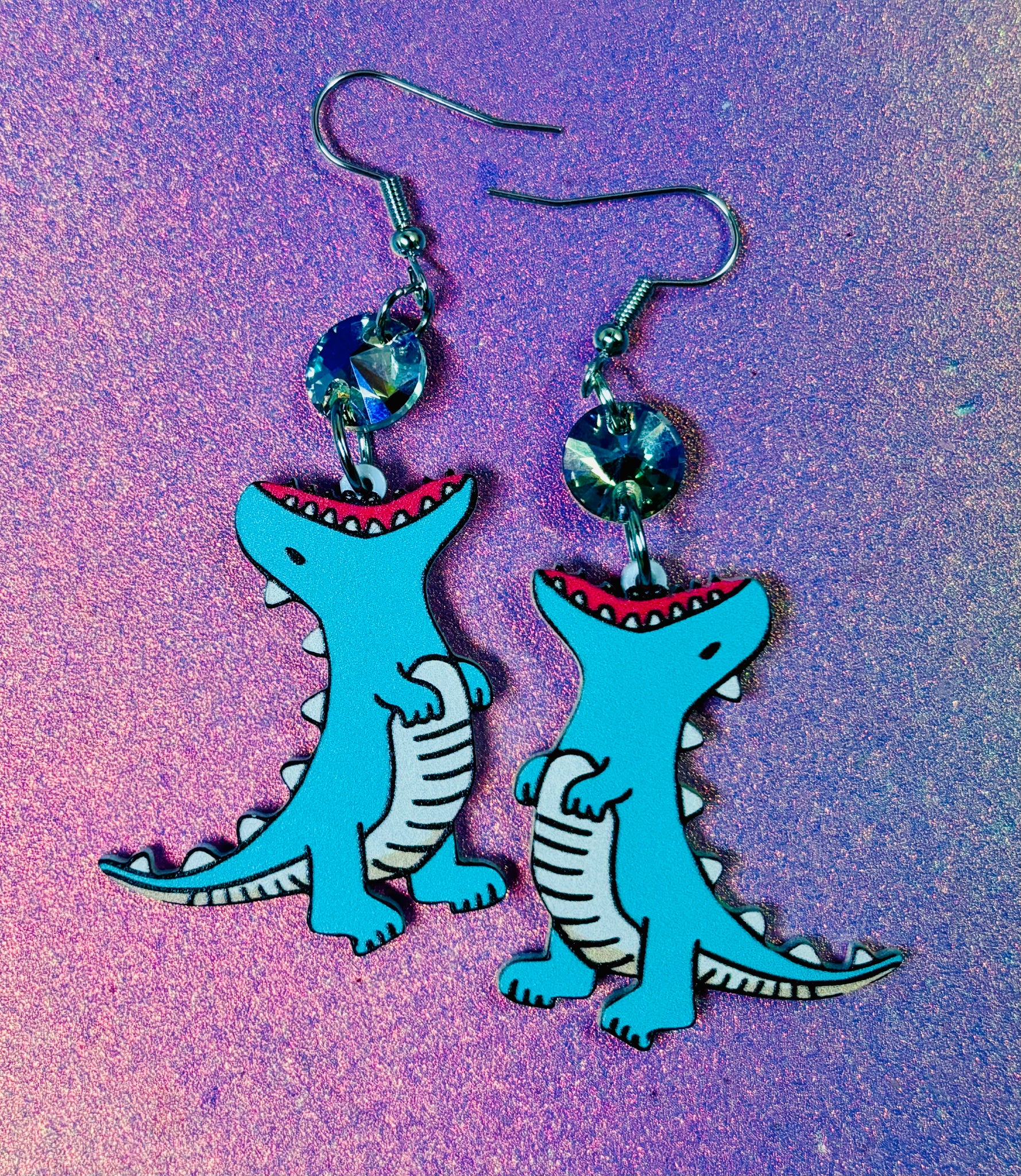 Gemstone eating dino dangle earrings