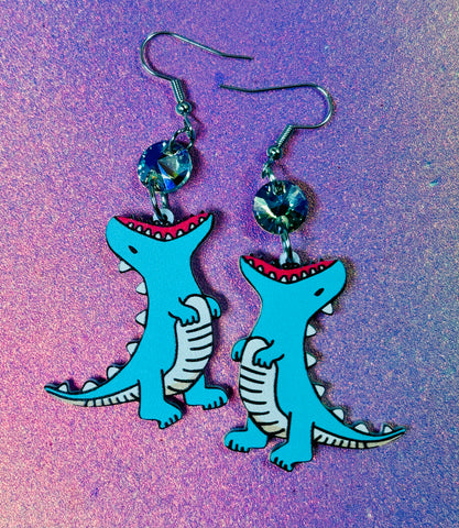 Gemstone eating dino dangle earrings