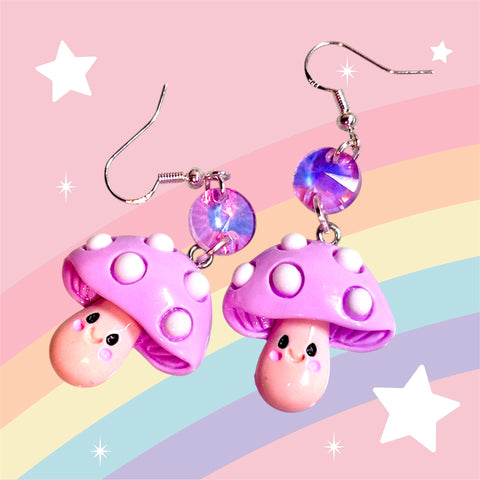Purple mushroom cottagecore dangle earrings