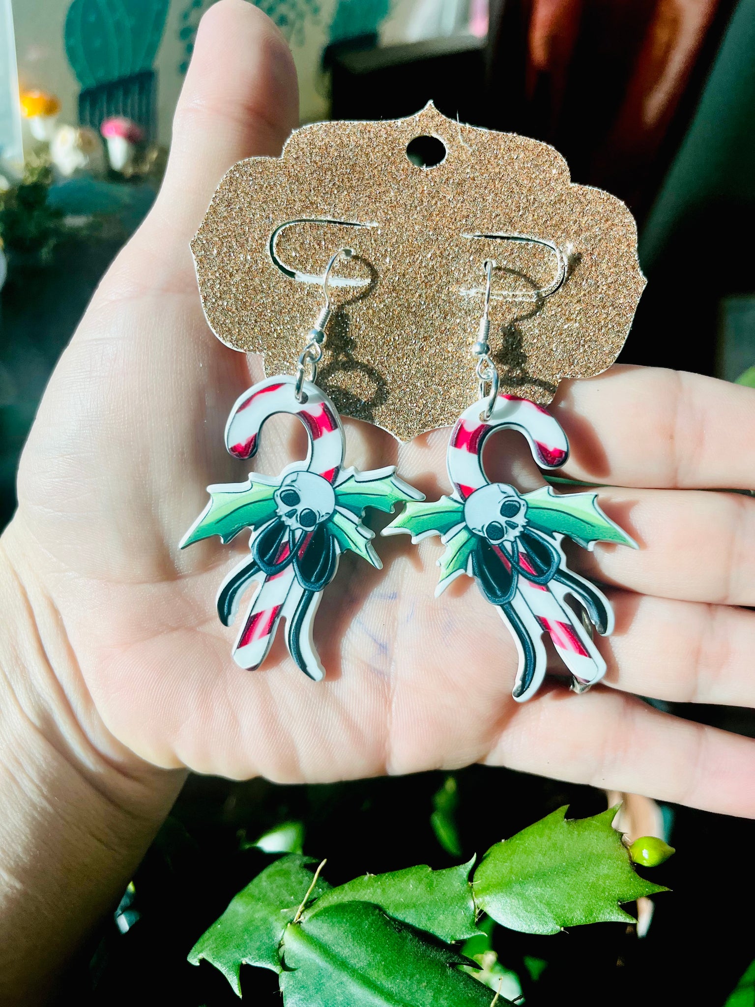 candy cane skull earrings