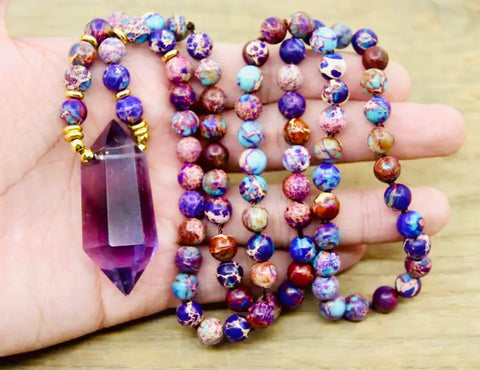 Sea Sediment jasper and amethyst pendant necklace