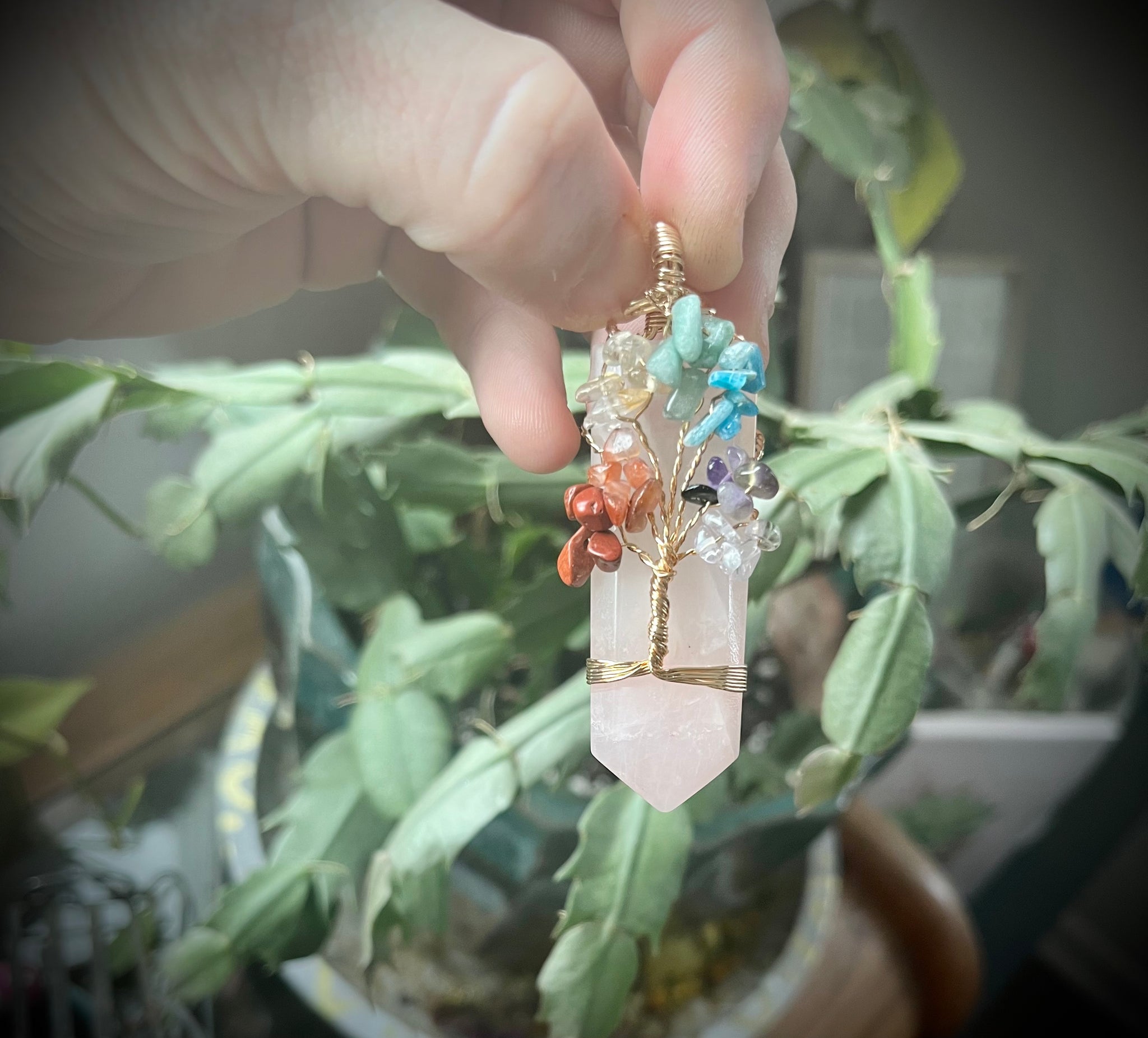 Rose quartz tree of life pendant necklace