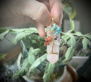 Rose quartz tree of life pendant necklace