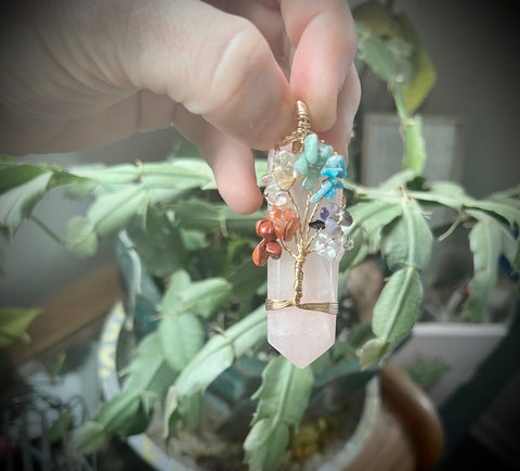 Rose quartz tree of life pendant necklace
