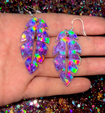 Purple Holographic boho feather earrings