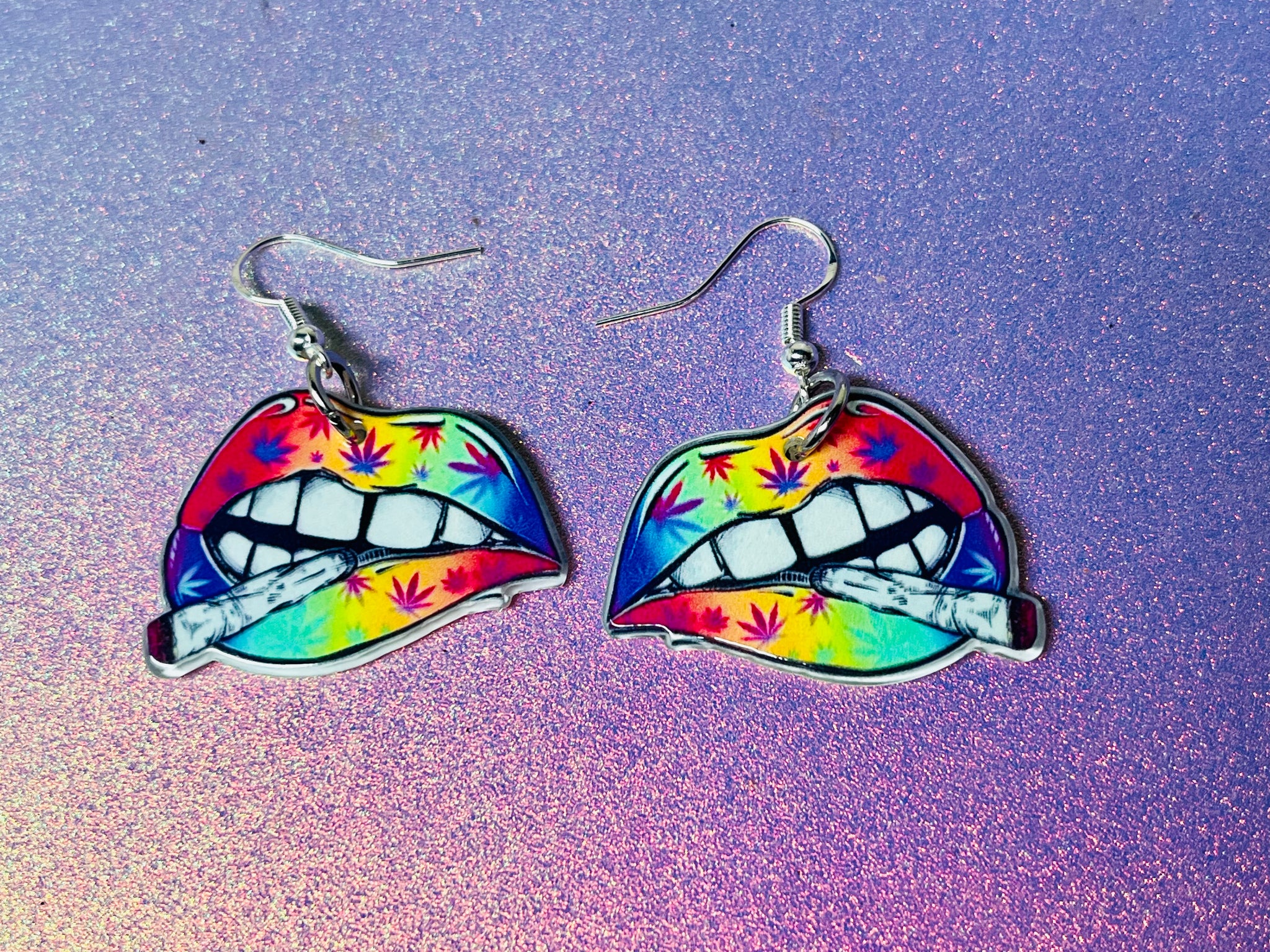 Rainbow pot leaf lip dangle earrings